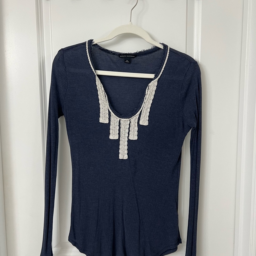 Banana Republic Navy Blue Ribbed Long Sleeve with Cream Lace Details